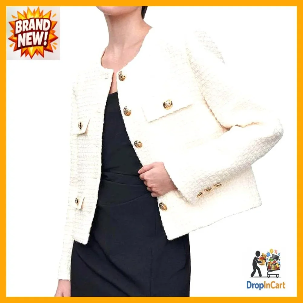 Cropped Tweed Blazer Jacket Classic Elegant Business Casual Slim Fit